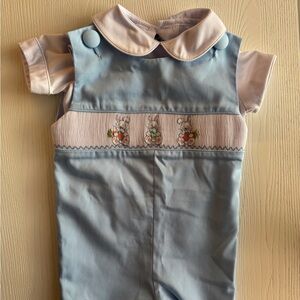 EASTER 🐰 Southern Smocked Company Light Blue Romper with Peter Pan T-Shirt